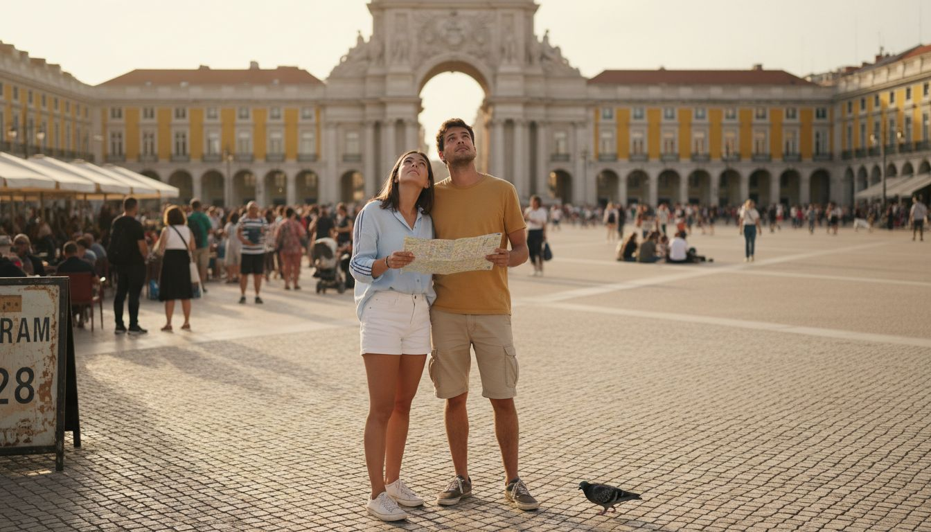 Couple exploring Praça do Comércio Lisbon