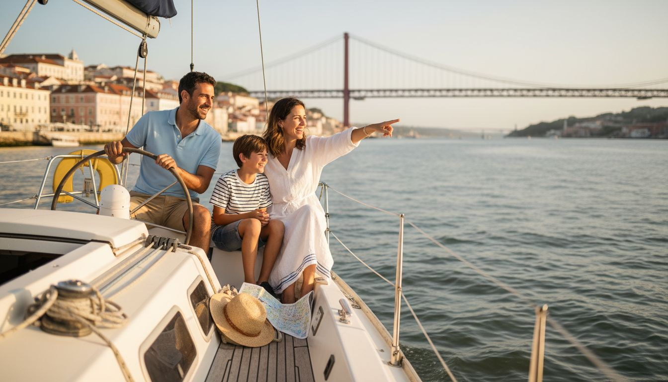 Family sailing past Lisbon’s cityscape by boat