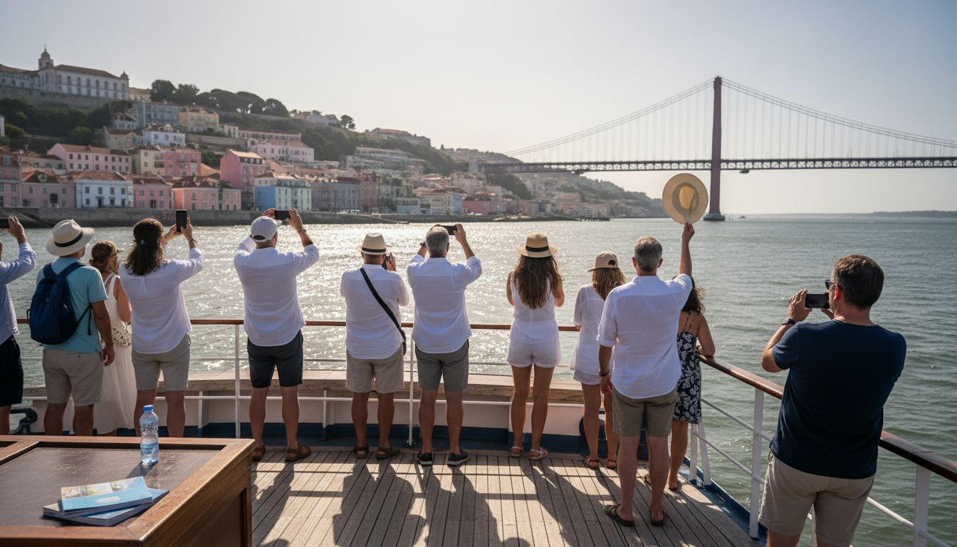 Tourists on boat viewing Lisbon river skyline