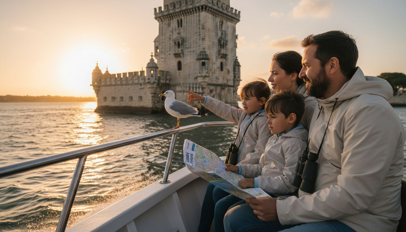 Family enjoying boat view of Belem Tower