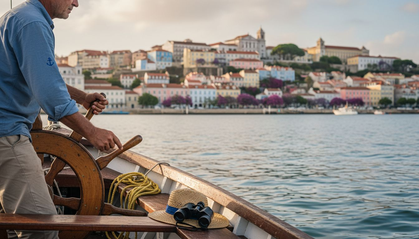 Sailboat on Lisbon coast with spring flowers