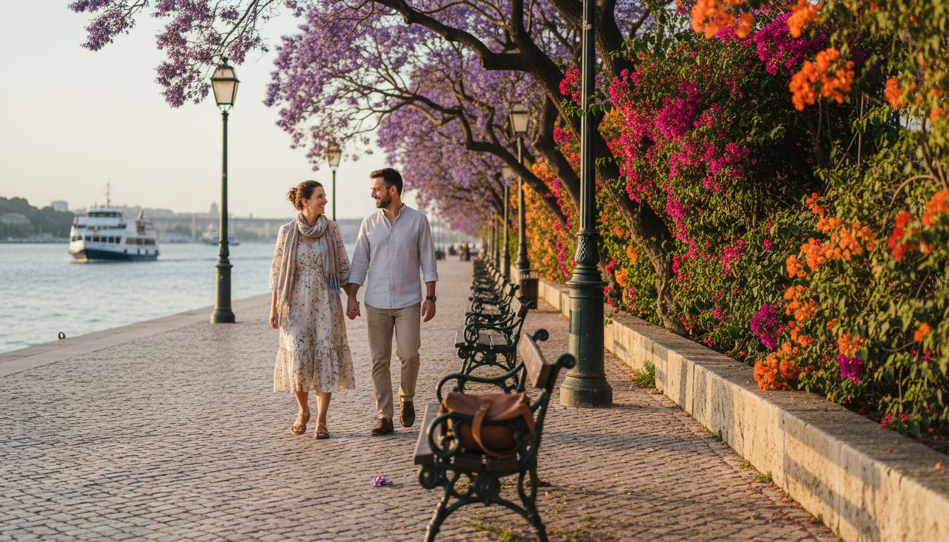 Lisbon waterfront with spring flowers and walkers