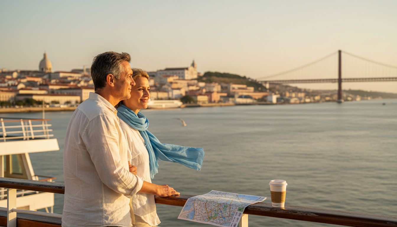 Couple on Lisbon cruise ship overlooking Tagus