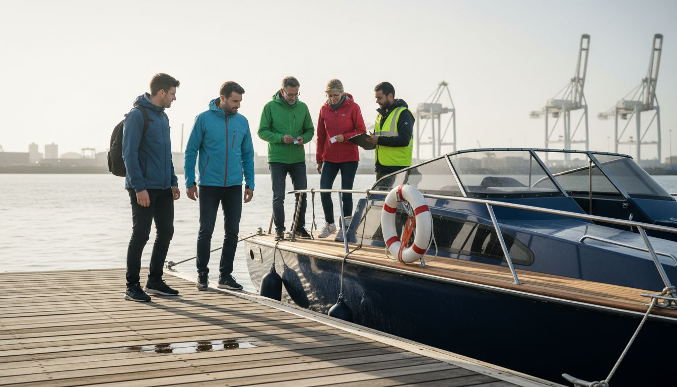 Tourists boarding speed boat for Lisbon adventure