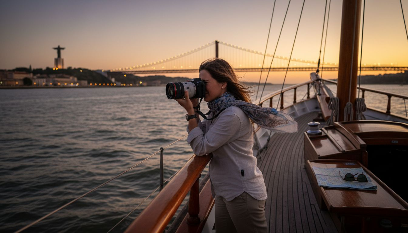Tourist photographing Lisbon coastal landmarks at dusk