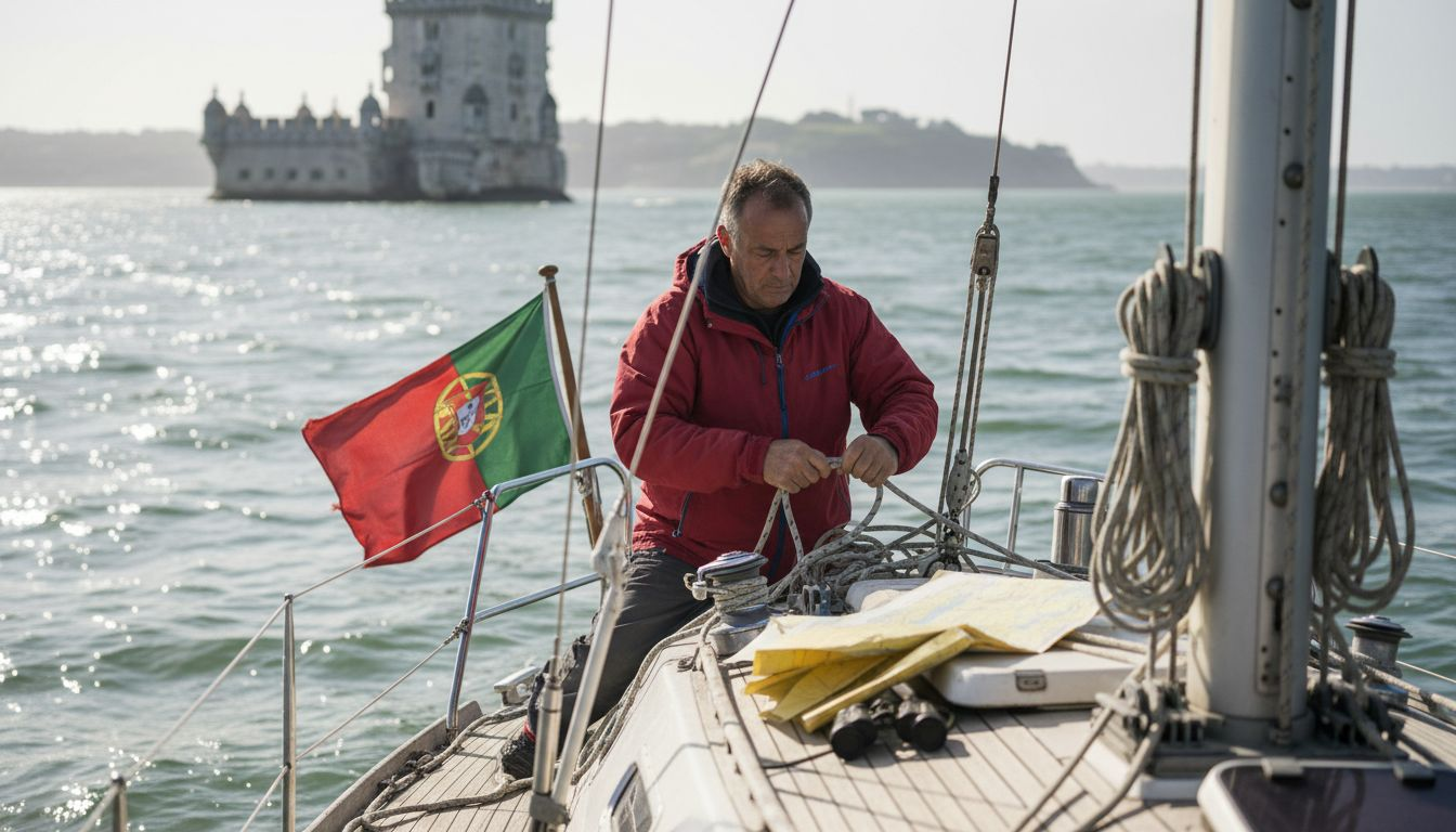 Sailboat cruising Lisbon coastline with sailor