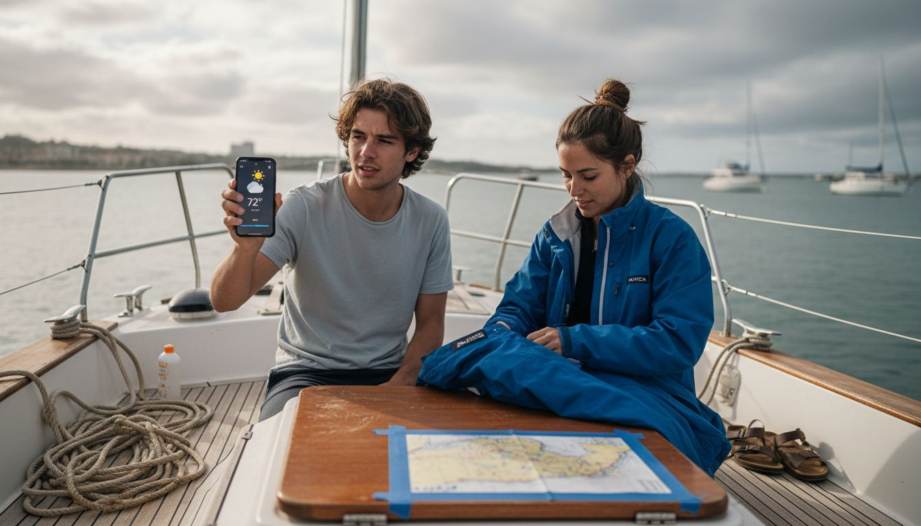 Sailors checking weather and gear on yacht