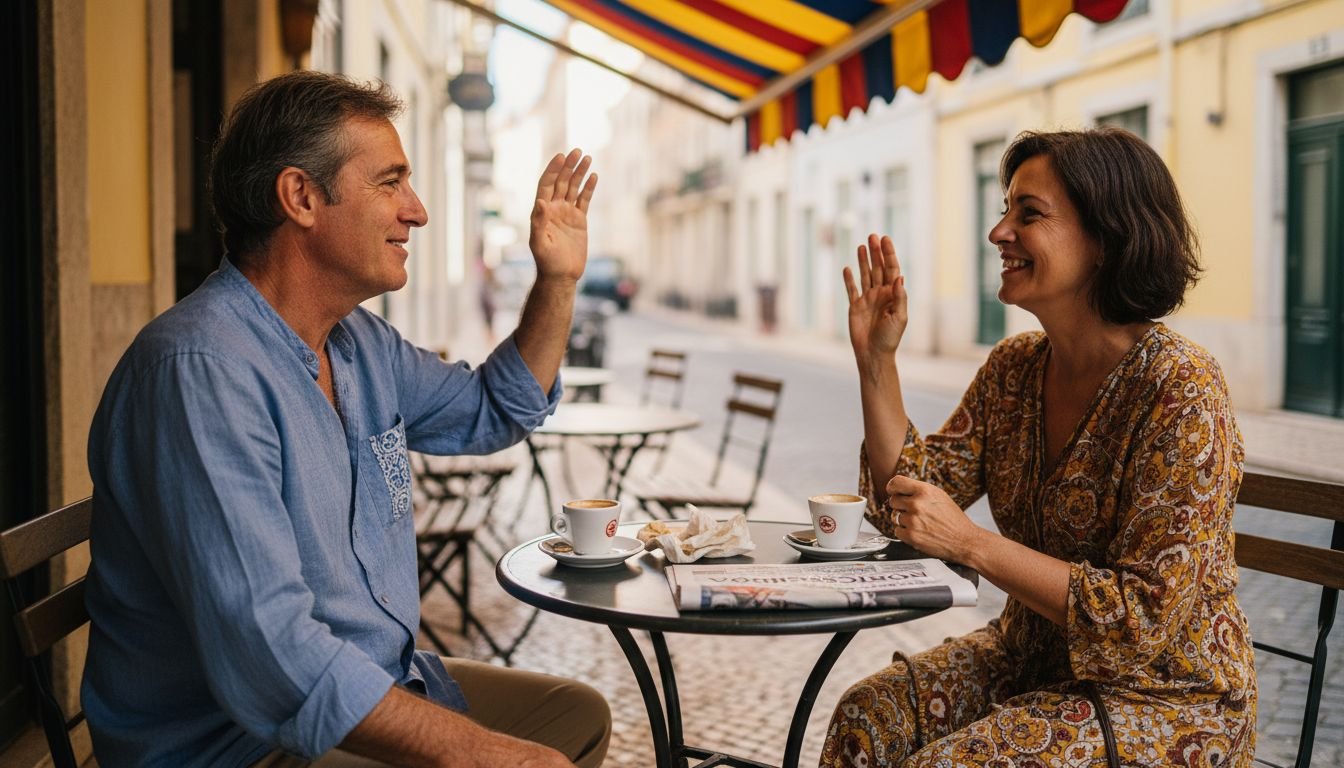Locals exchanging Portuguese greetings at cafe