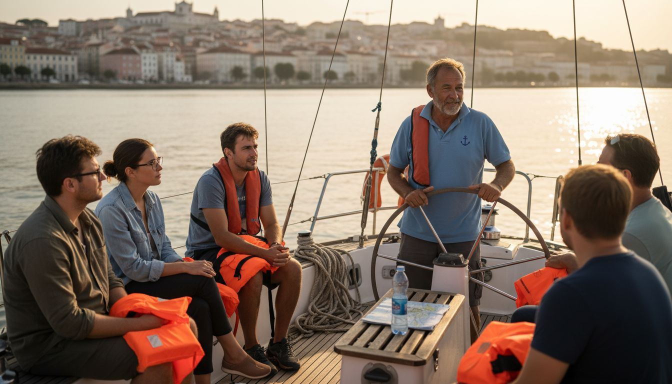 Captain gives boat safety briefing dockside