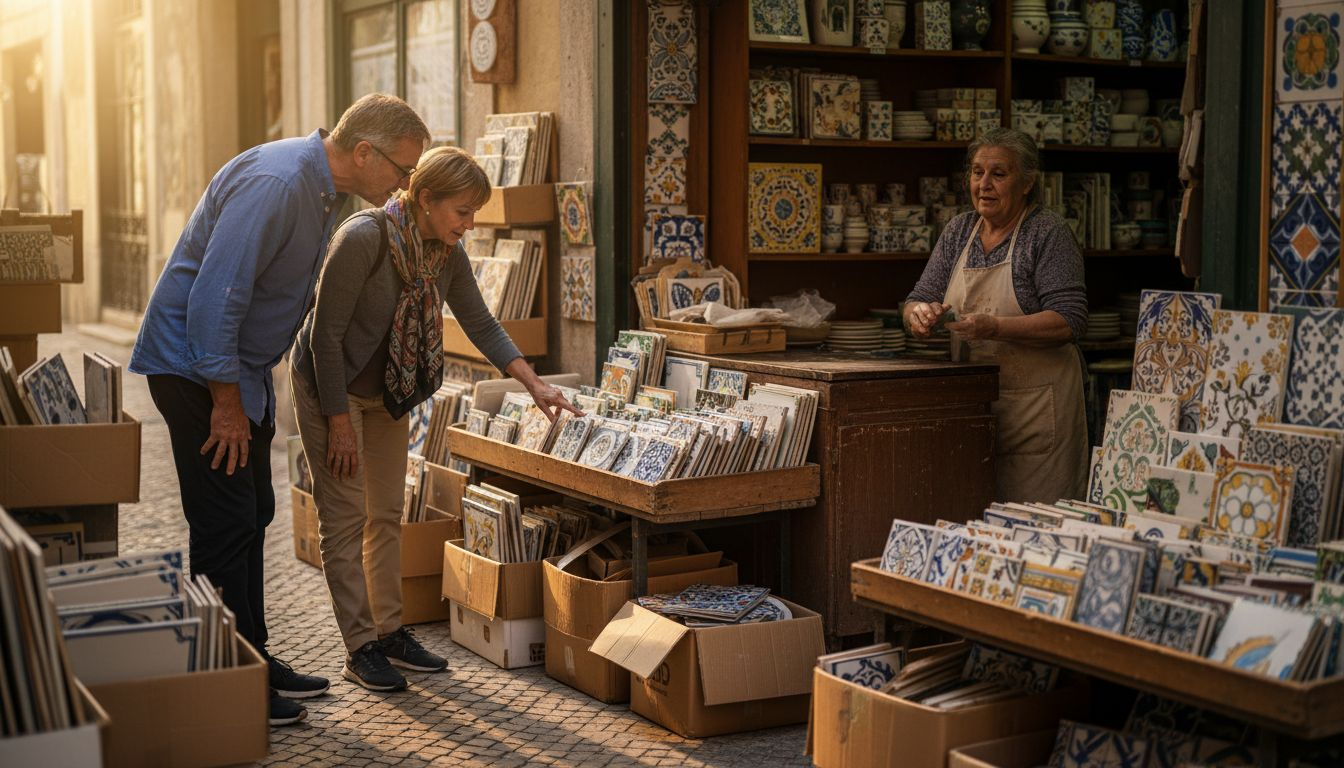 Tourists browsing hand-painted Lisbon tiles shop