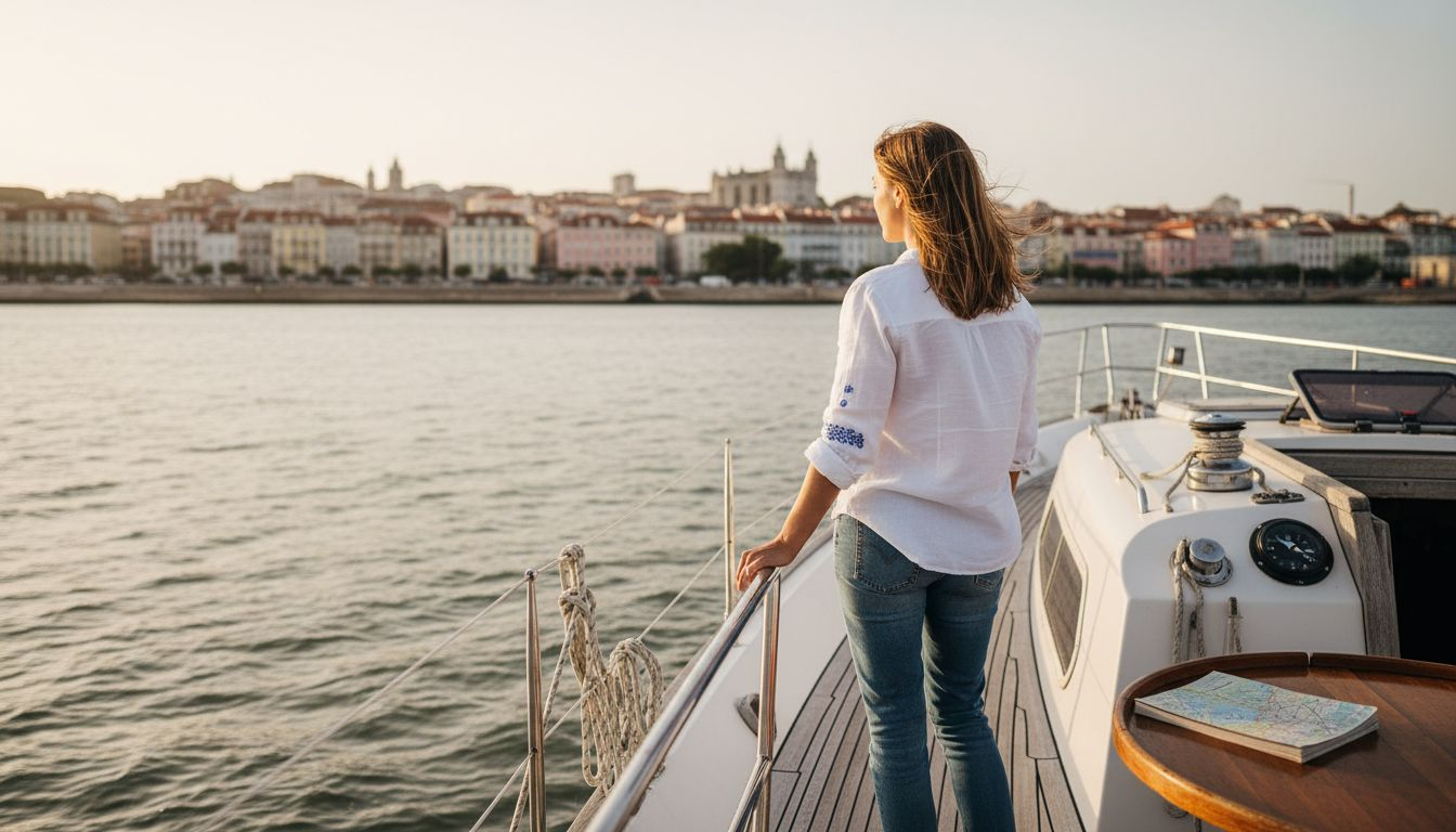Traveler on yacht viewing Lisbon skyline
