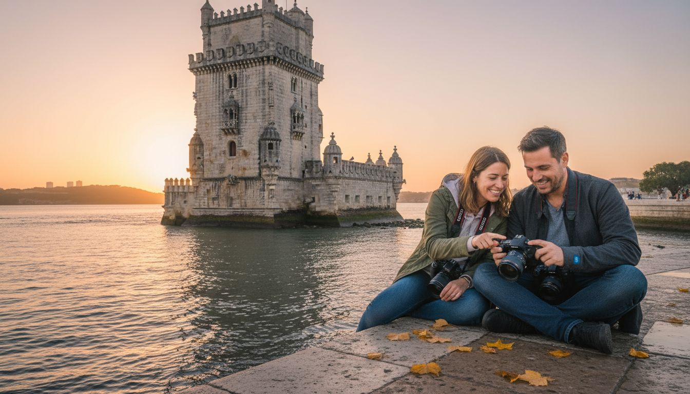 Belém Tower sunrise view with tourists