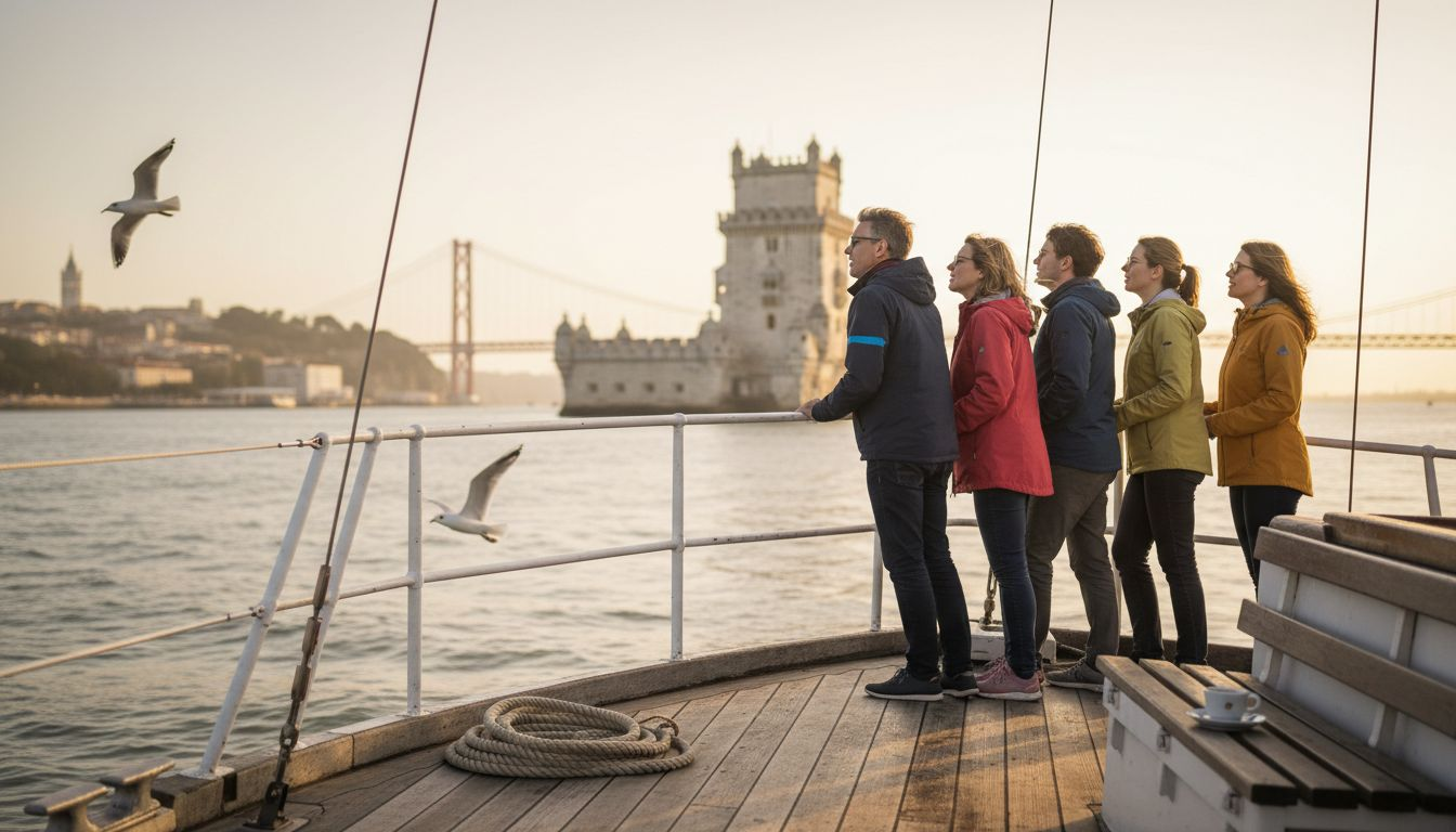 Tourists on sailboat viewing Lisbon coastline at sunset