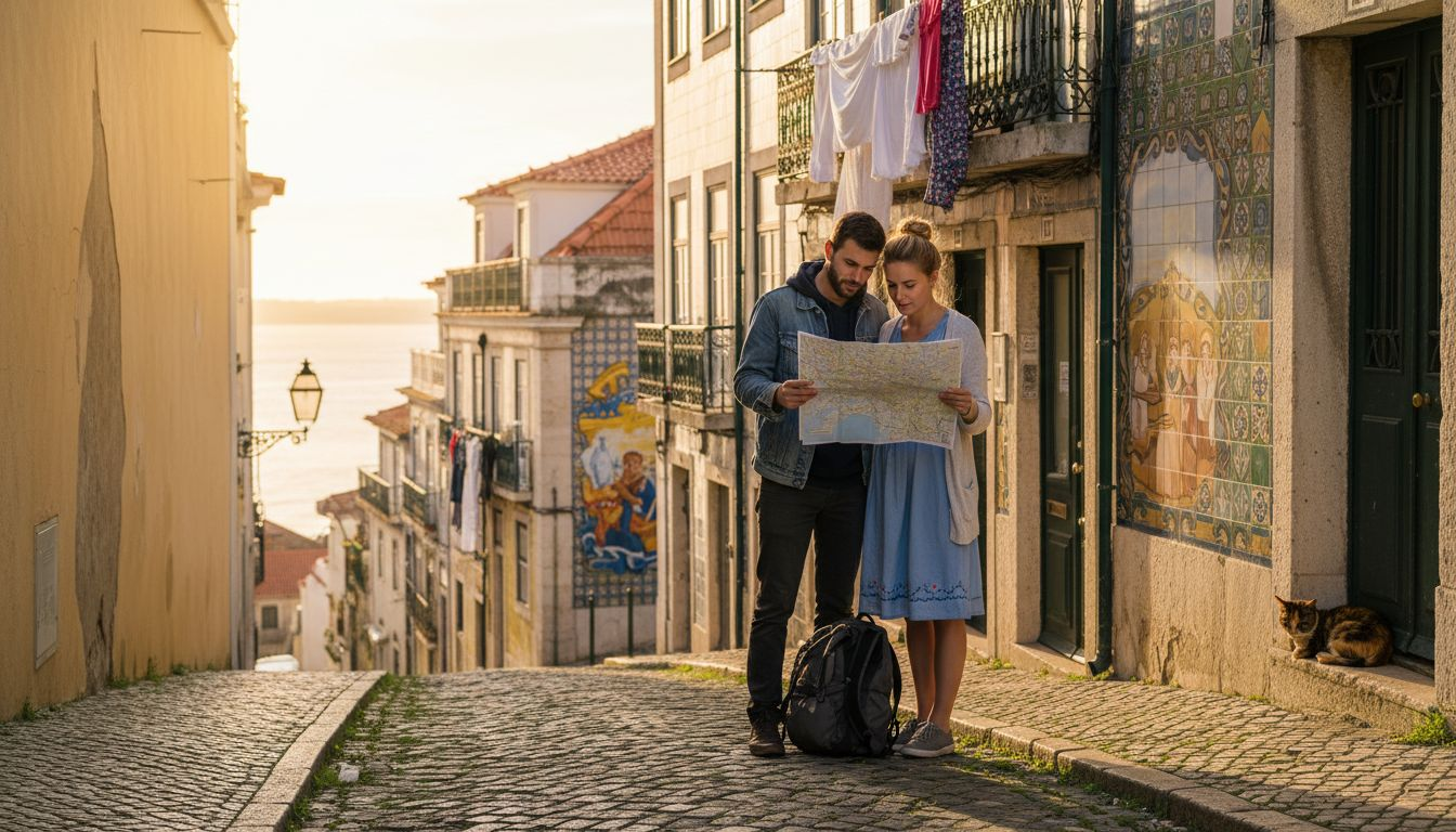 Travelers exploring Alfama Lisbon sunrise street scene