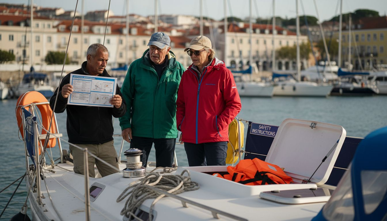 Tourists learning boat safety in Lisbon marina
