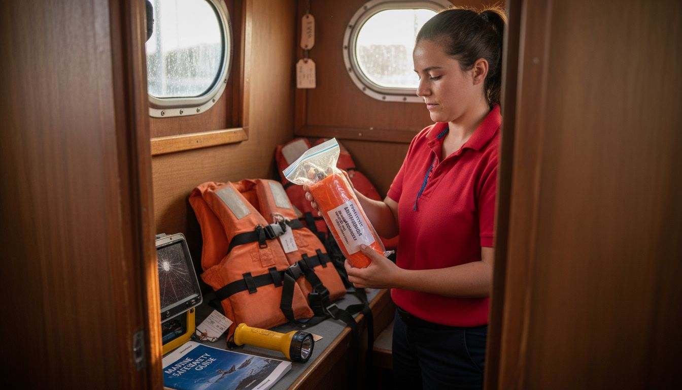 Crew member inspecting boat safety equipment