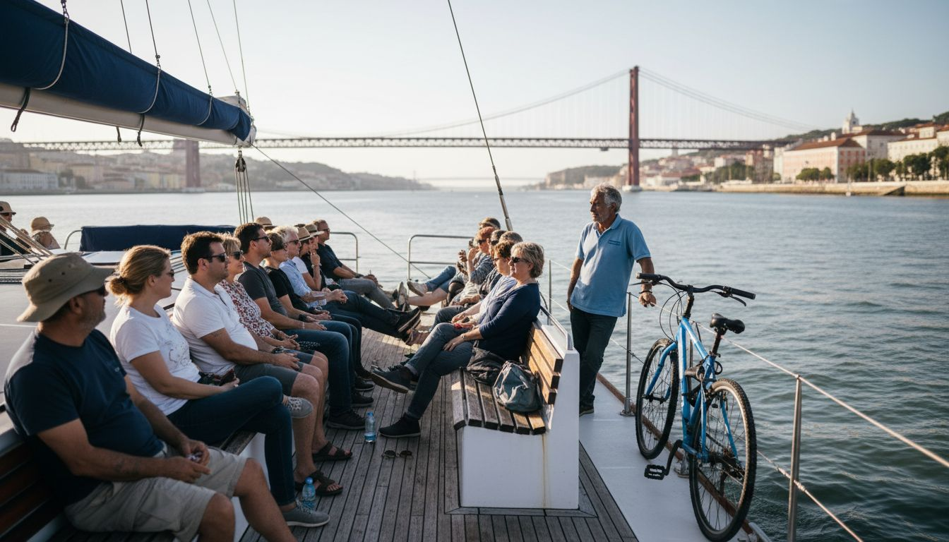 Catamaran with tourists along Lisbon waterfront