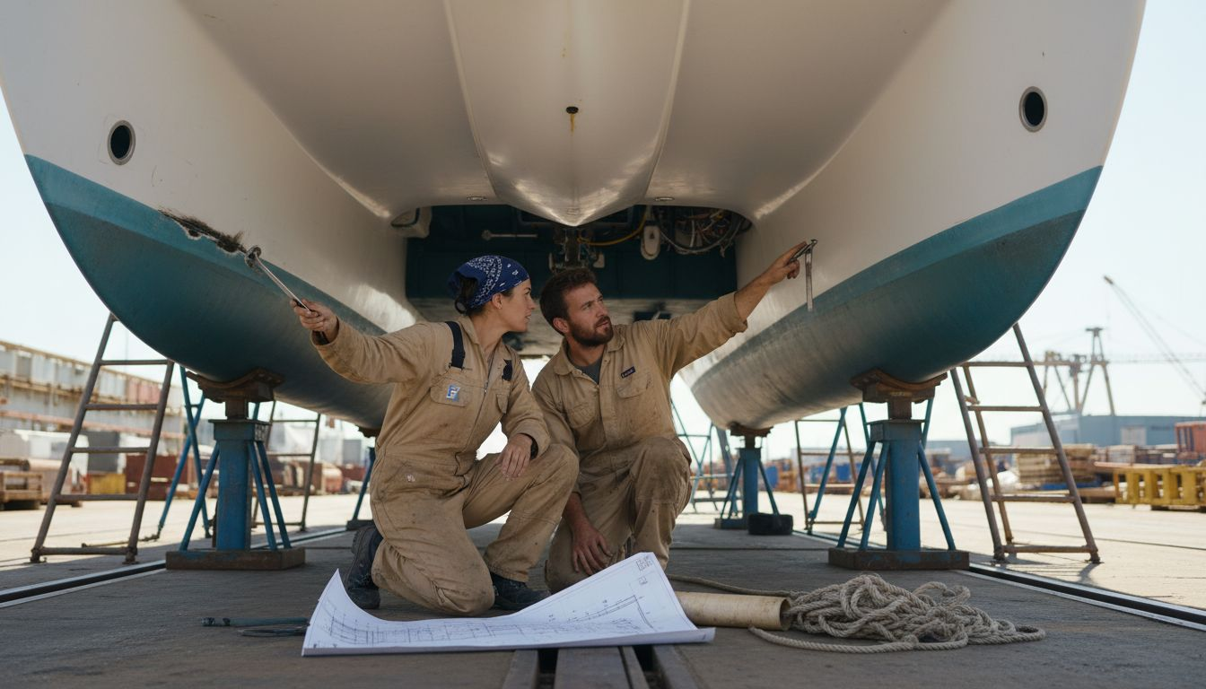 Engineers examining catamaran twin-hull design