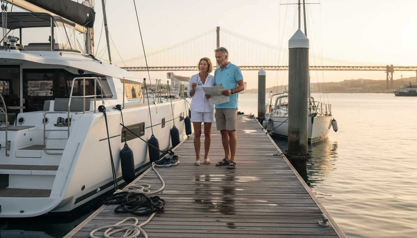 Couple comparing yacht and catamaran in Lisbon marina
