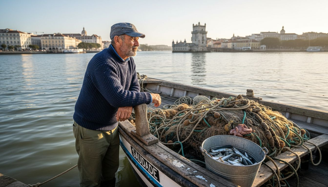 Fisherman on boat overlooking Lisbon waterfront