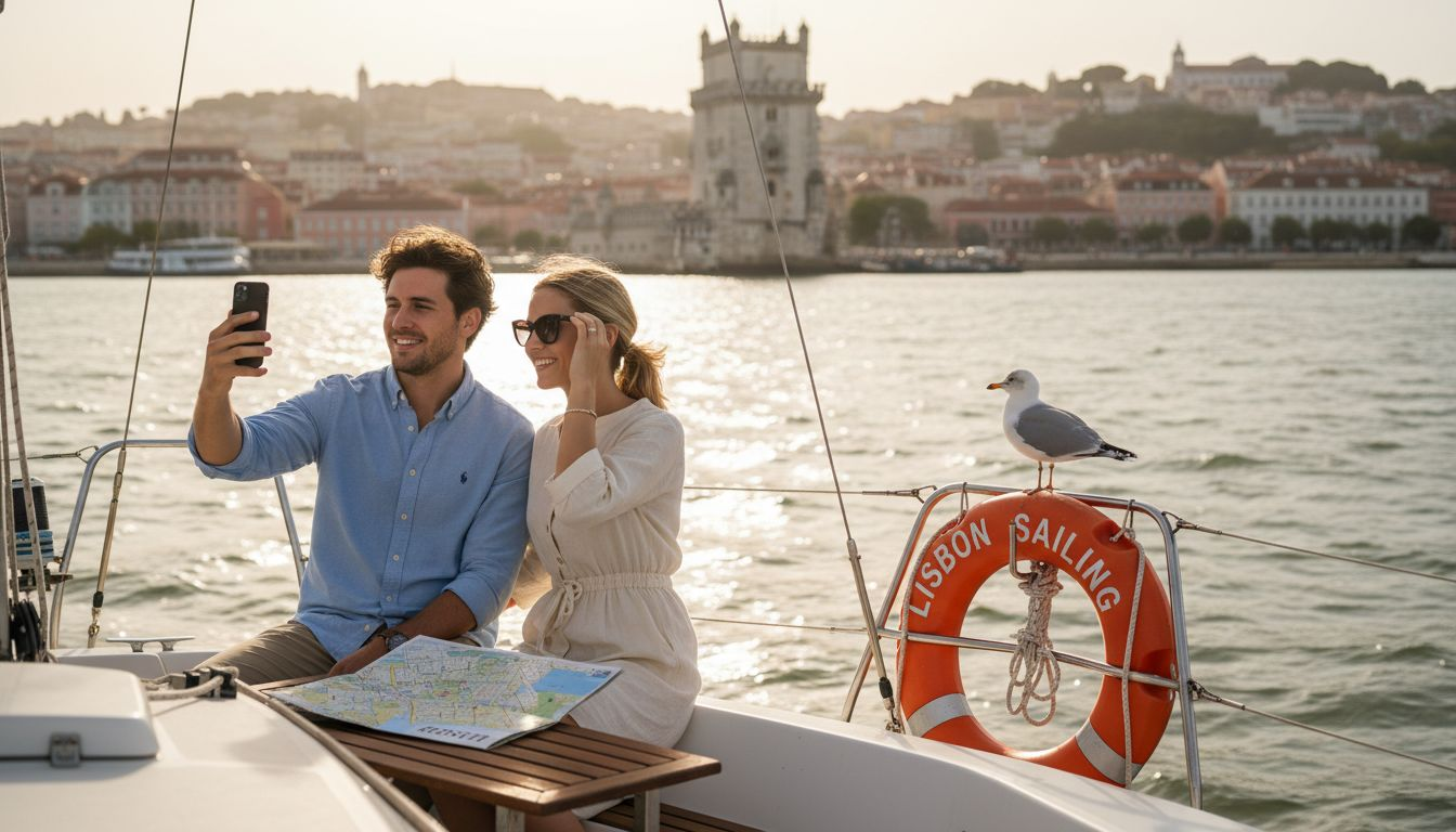 Couple sailing Lisbon Tagus with city backdrop