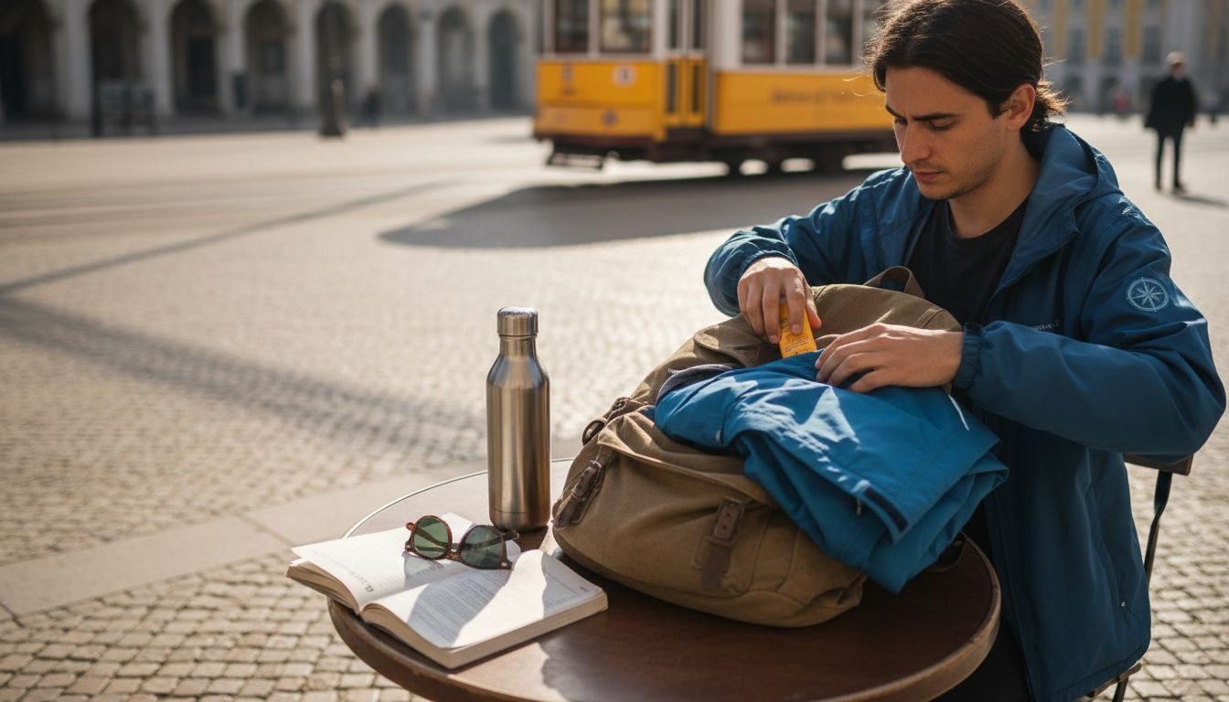 Traveler packs day bag at Lisbon café table