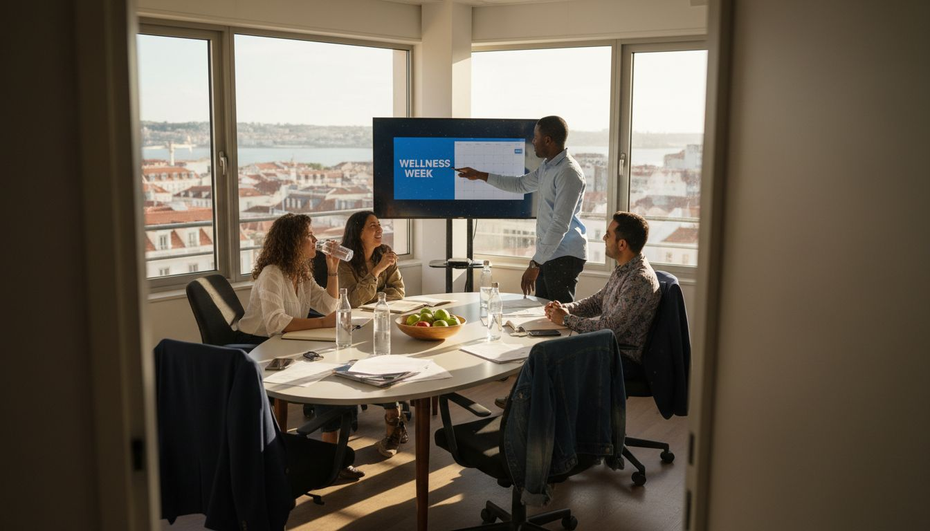 Team discussing wellness in Lisbon office