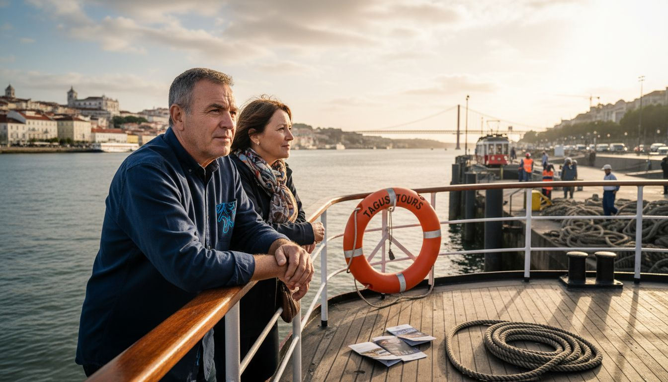 Couple viewing Lisbon river from tour boat