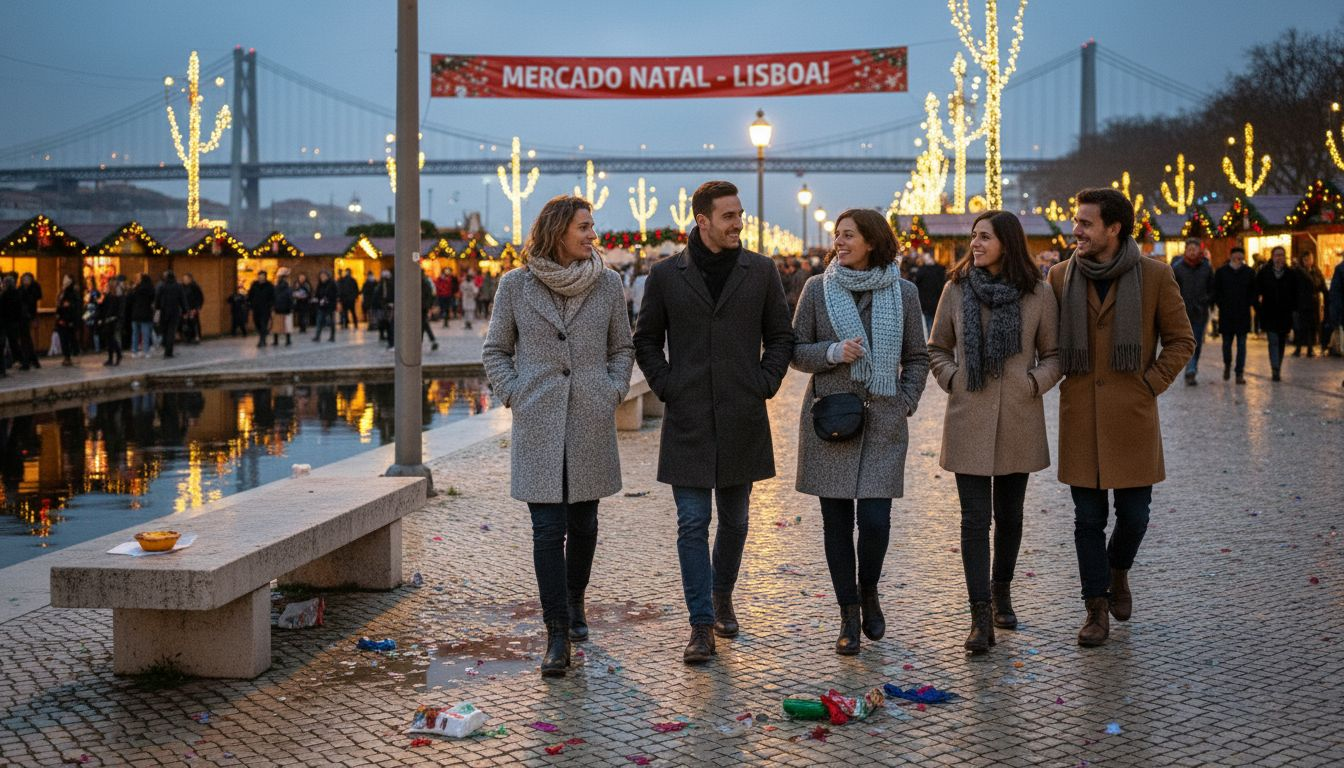 Lisbon riverside promenade festive Christmas lights