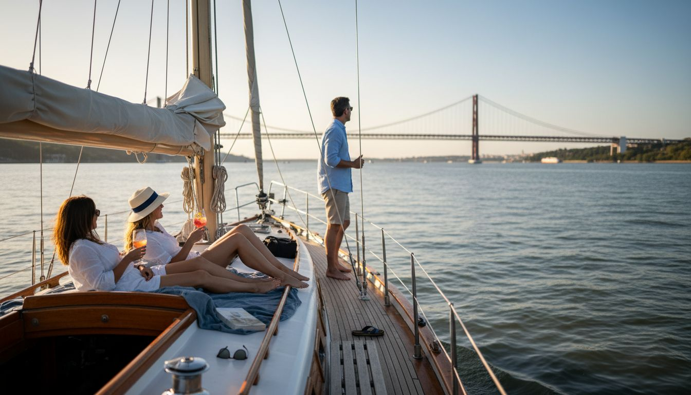 Tourists sailing Lisbon coast in summer