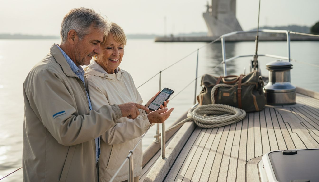 Couple on private yacht by Lisbon marina