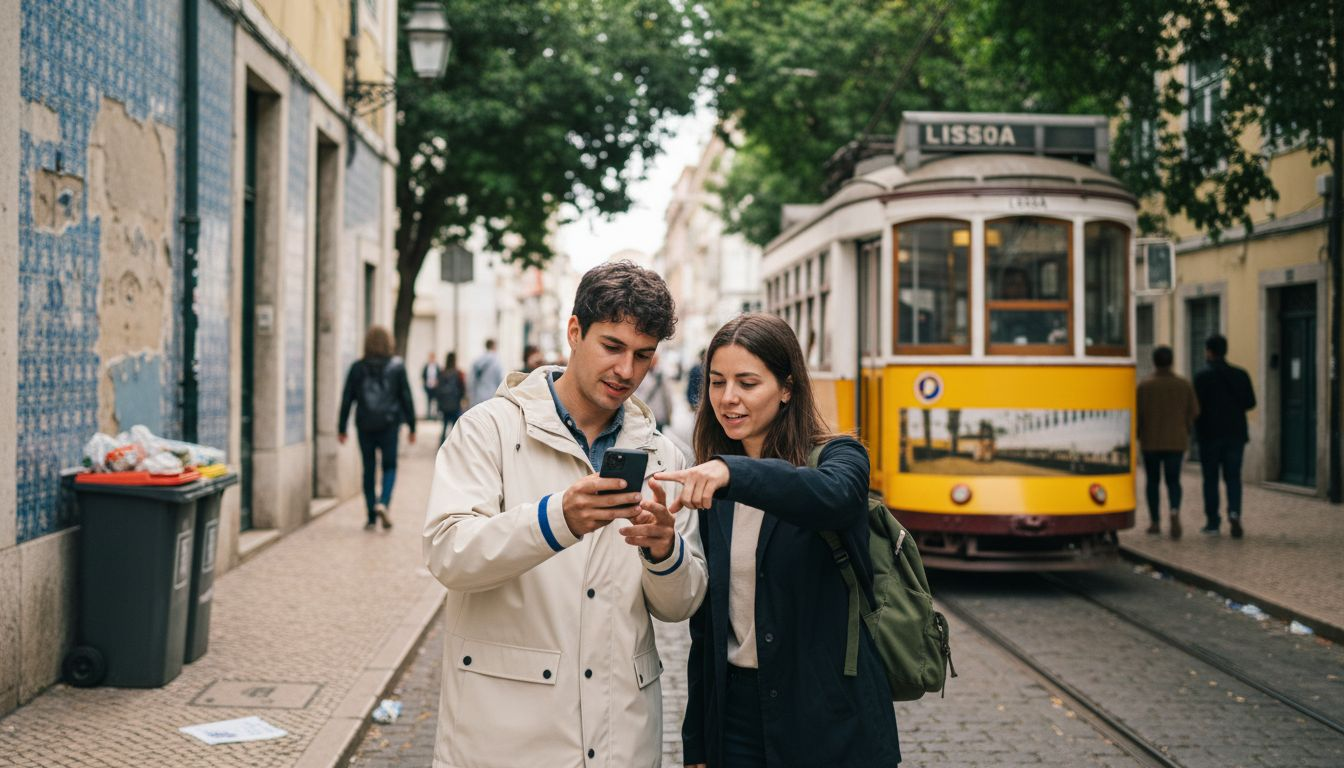 Travelers exploring Lisbon’s Alfama district
