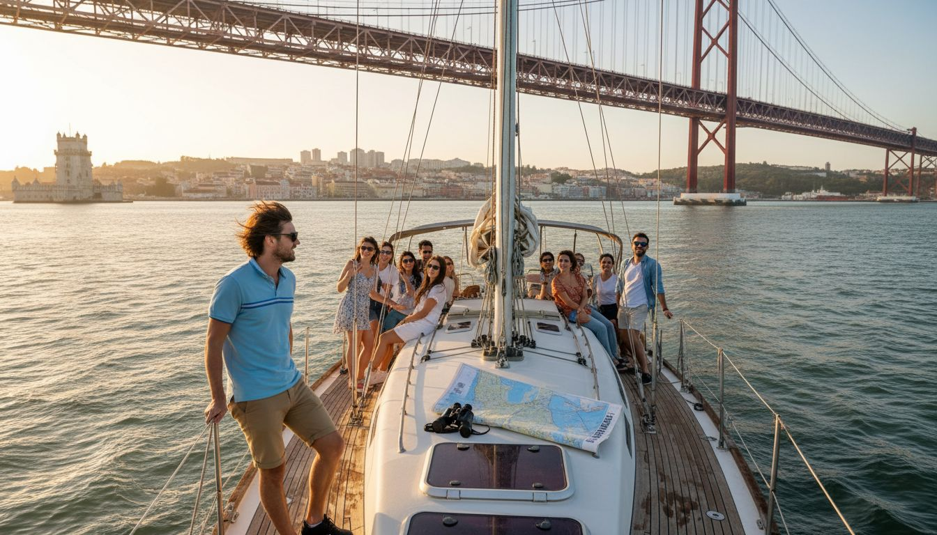 Tourists on Lisbon sailboat viewing city skyline
