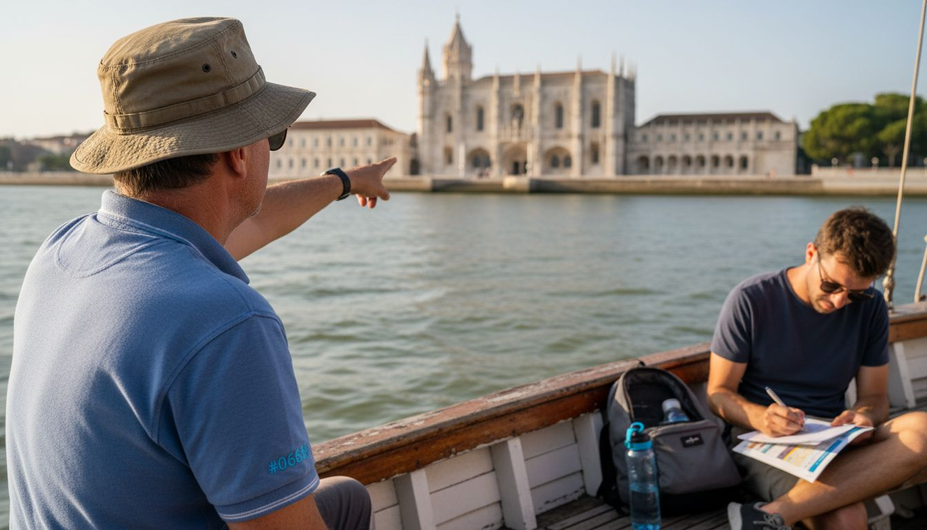 Guide pointing to historic Lisbon landmark from boat
