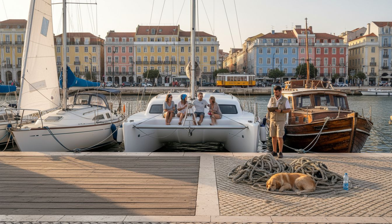 Lisbon marina showing different tour boats