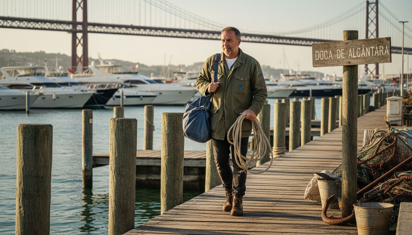 Sailor walking on Alcantara dock in Lisbon