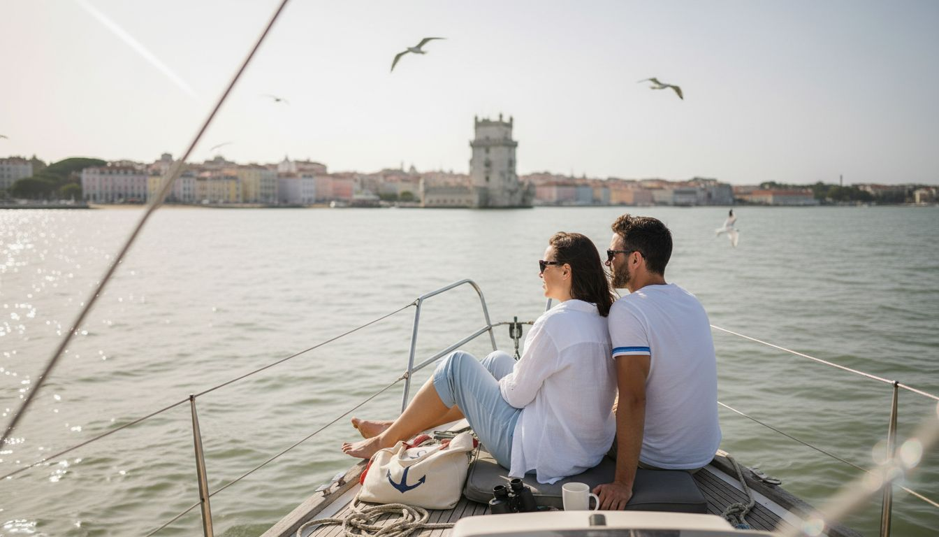 Couple sailing near Lisbon coast cityscape
