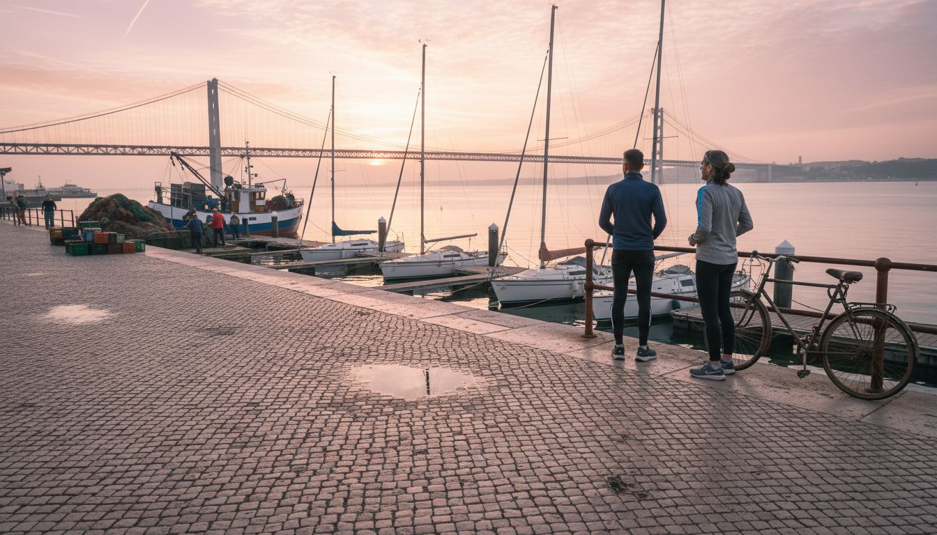 Lisbon marina with boats and sunrise view