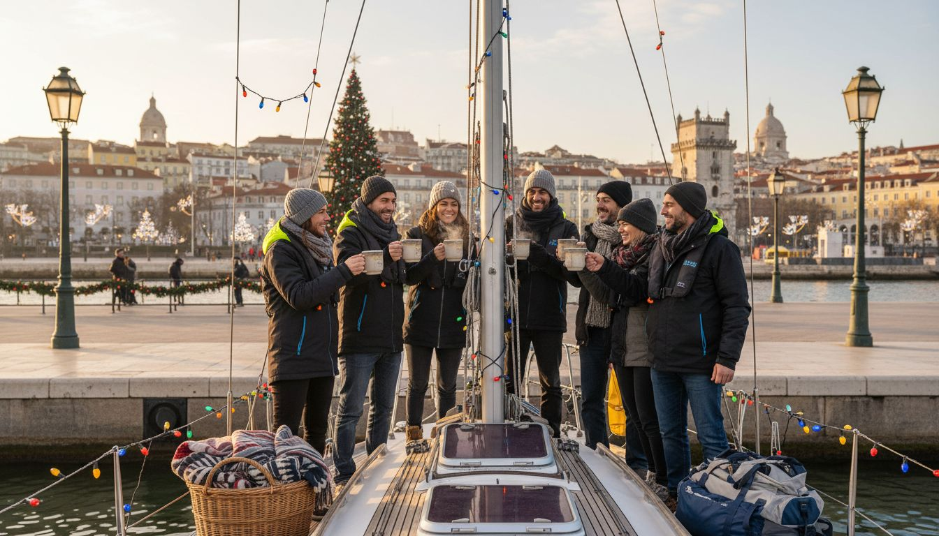 Friends sailing past Lisbon decorated for Christmas