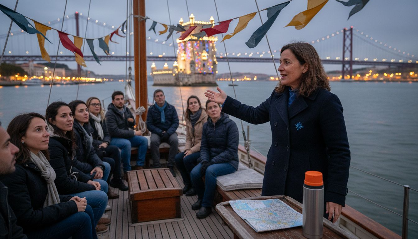 Guide pointing at lit-up Lisbon Belem Tower