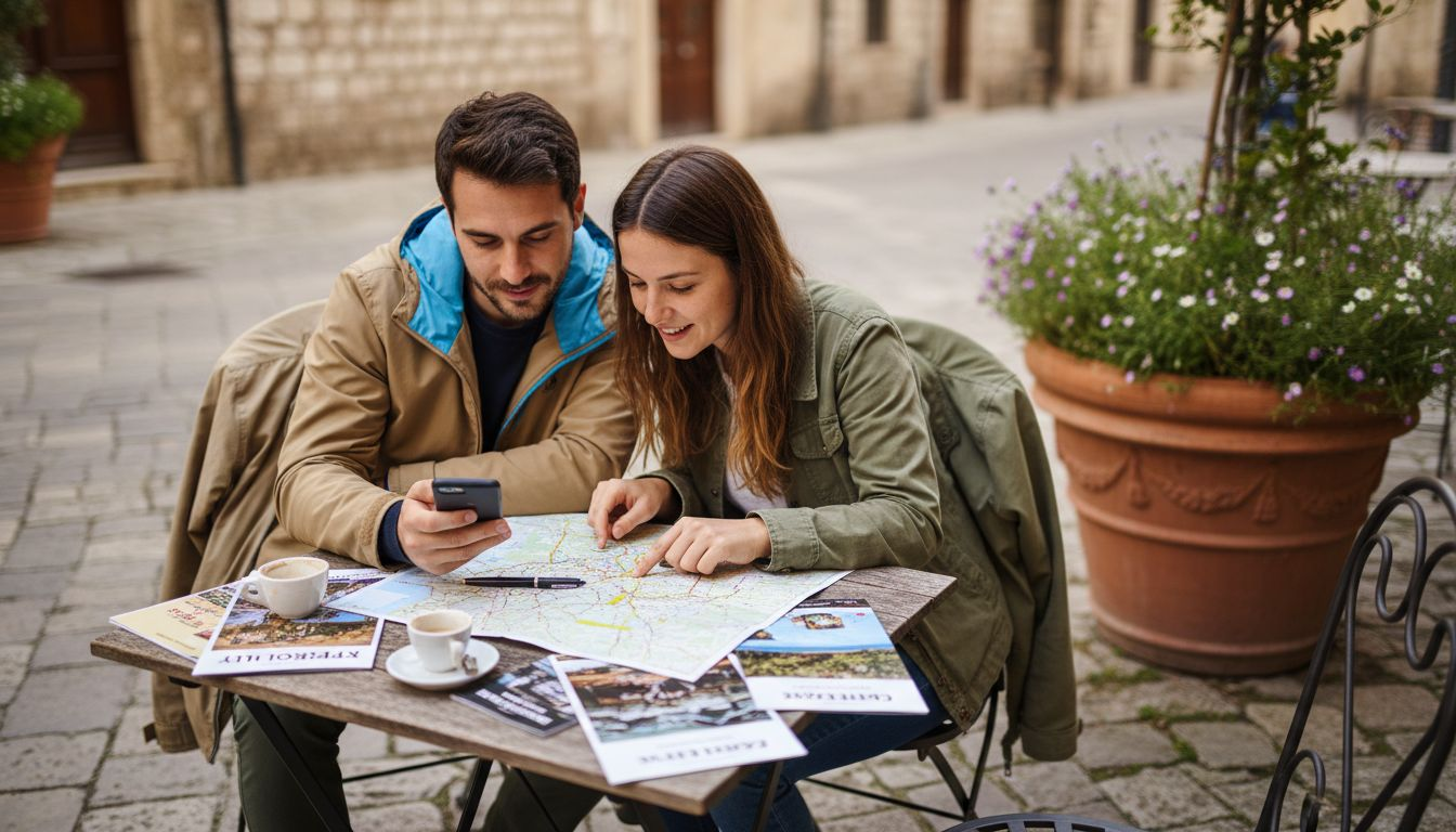 Couple comparing Lisbon day tour options