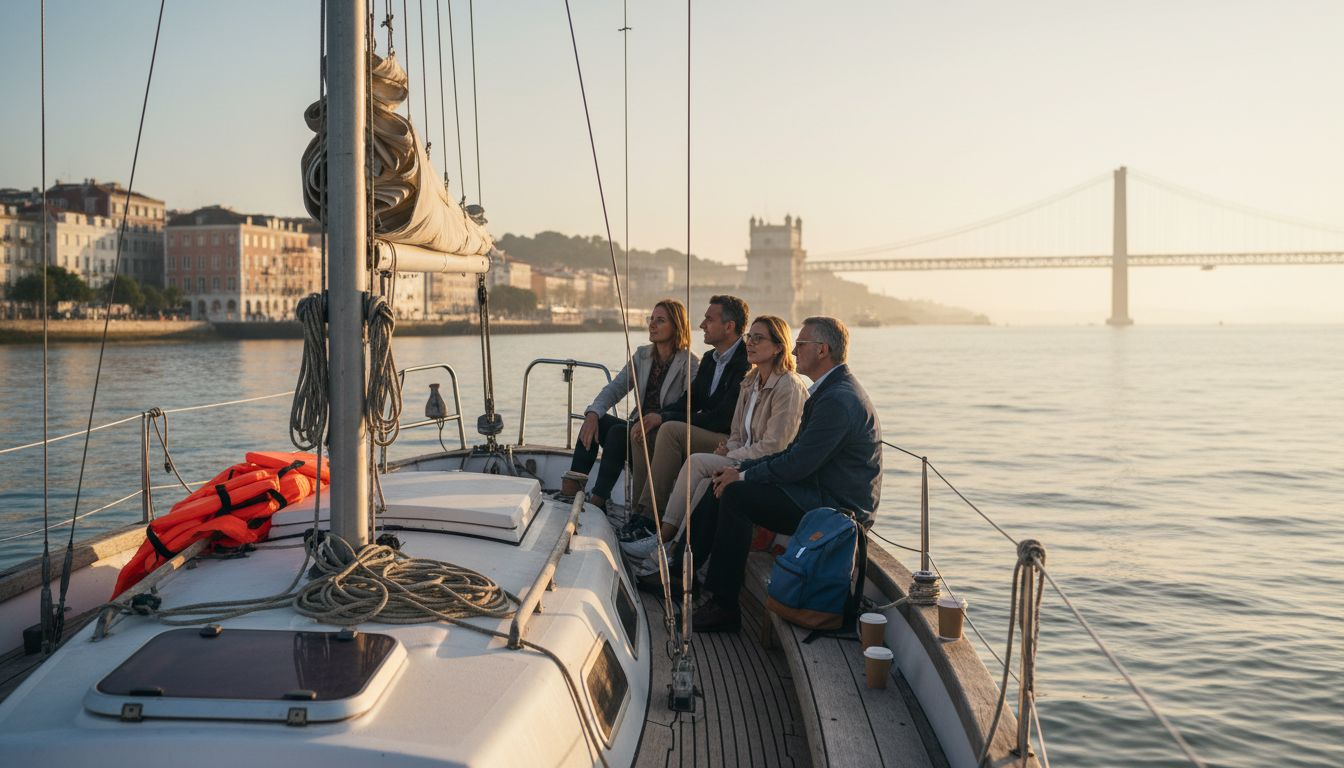 Lisbon sailboat tour at sunrise with tourists