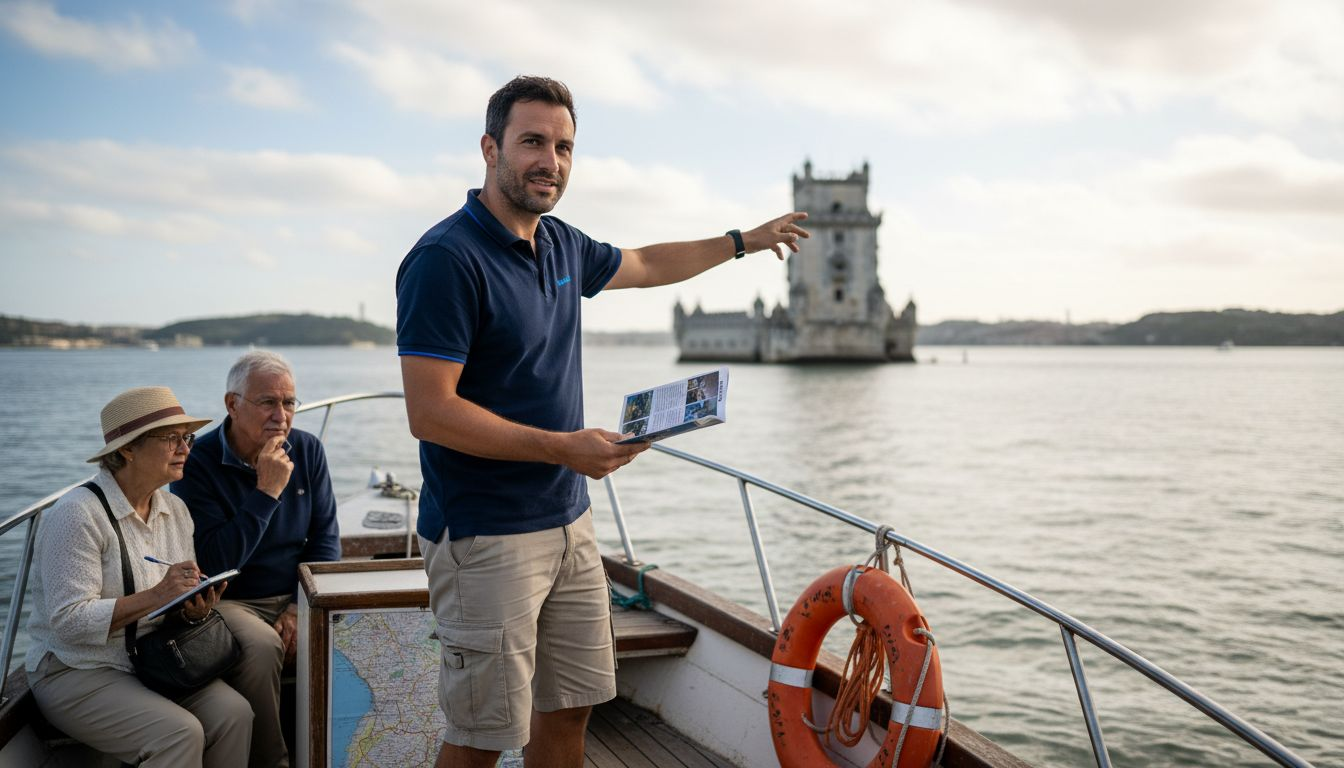 Tour guide gestures to Lisbon riverside landmark