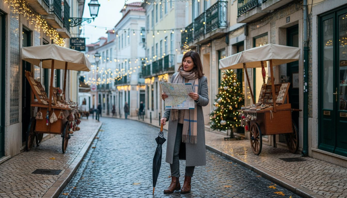 Lisbon streets with holiday decorations in winter
