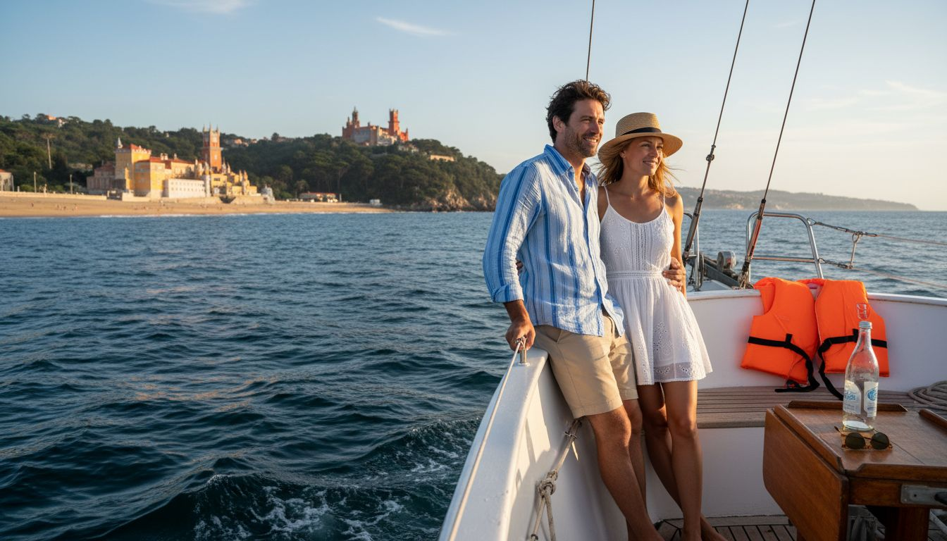 Couple enjoying boat tour near Sintra coastline