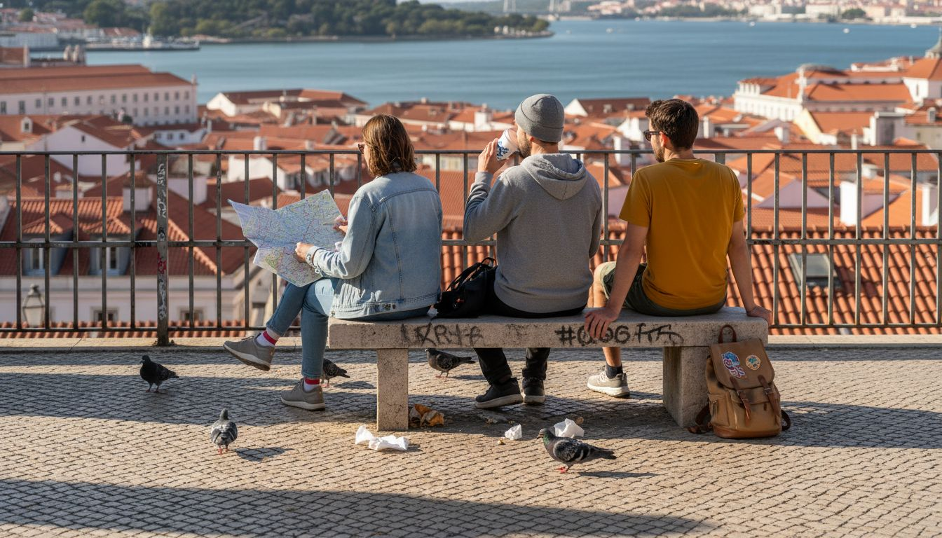 Travelers overlooking Lisbon city and river
