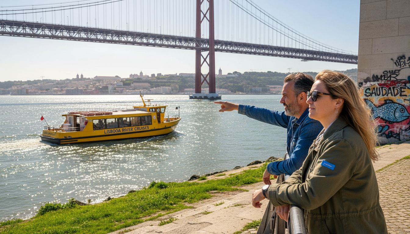Yellow boat cruising Tagus River in Lisbon