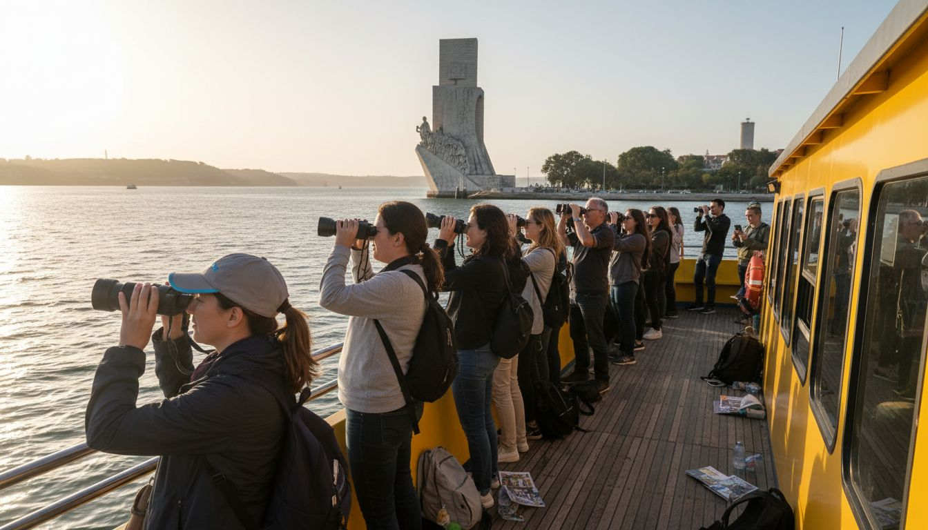Tourists viewing Monument of Discoveries by boat