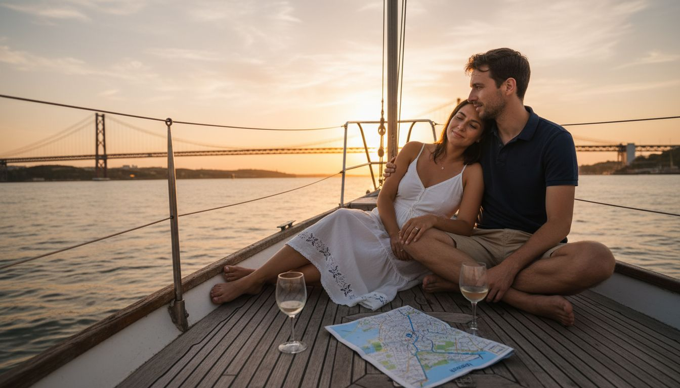 Couple sailing at sunset near Lisbon bridge