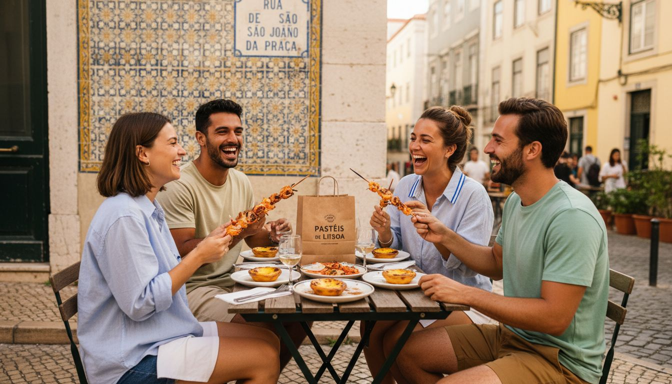 Travelers tasting Lisbon food at outdoor table
